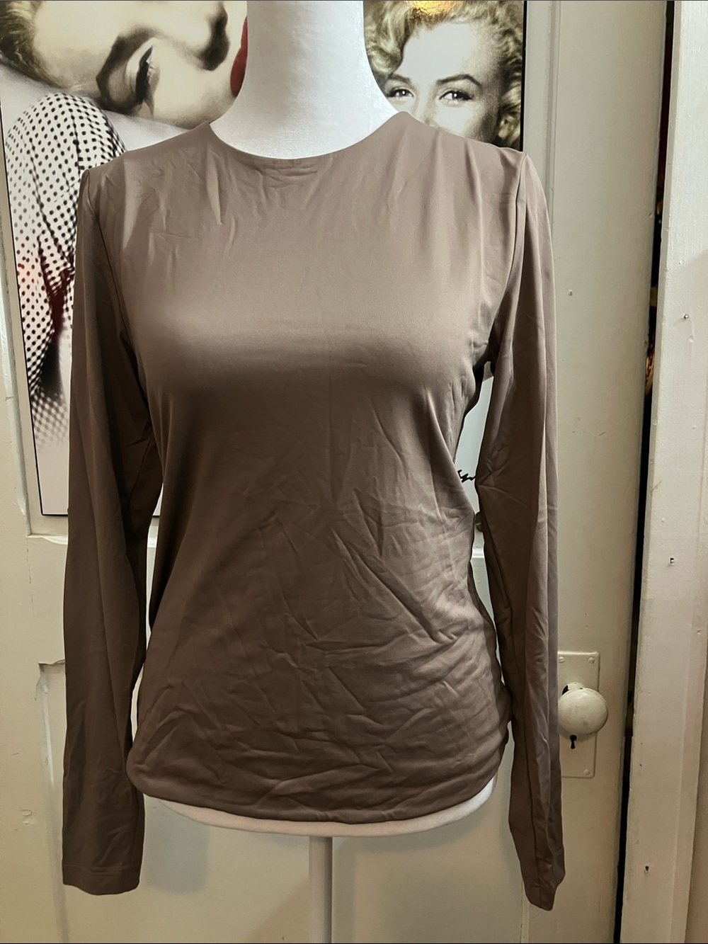 Long-Sleeve Crewneck Top in Taupe - Women double fabric medium